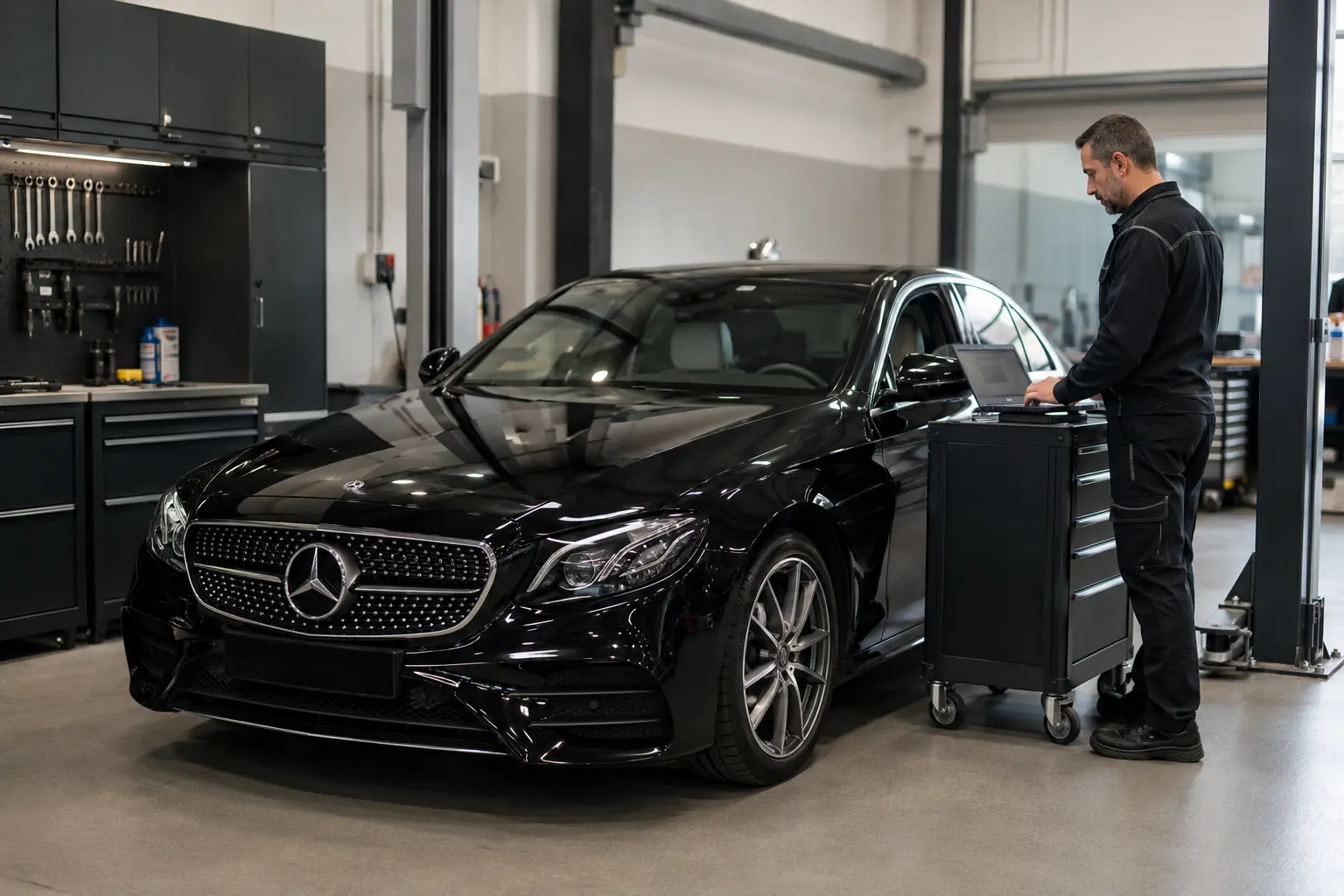Technician performing Mercedes-Benz diagnostics