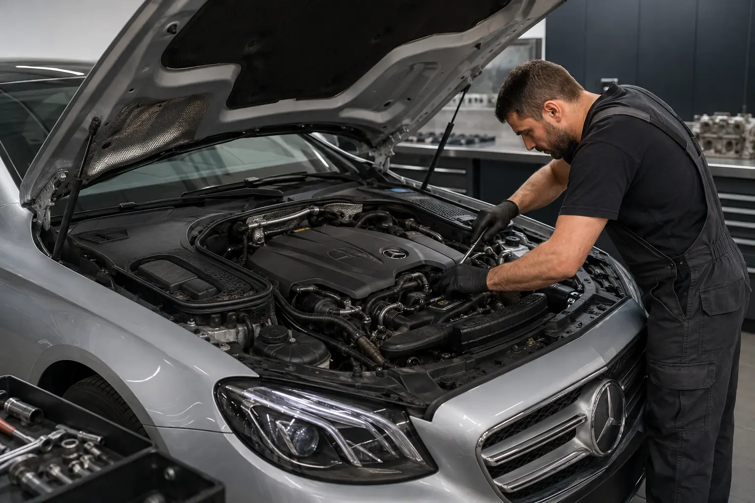 Technician servicing a Mercedes-Benz engine
